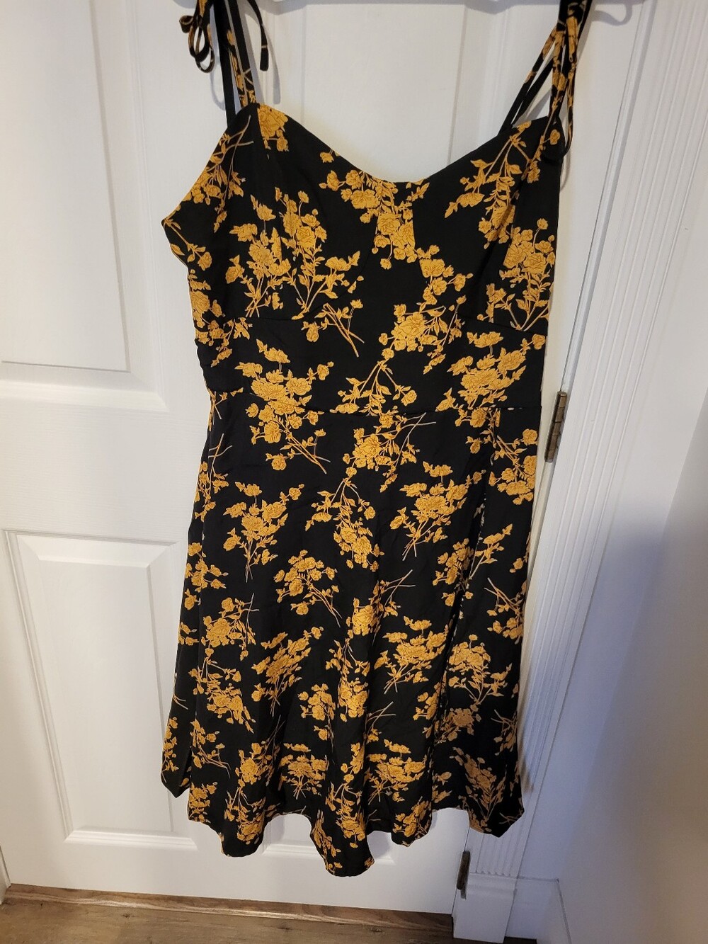 Floral Tie-Shoulder Black and Mustard Mini Dress